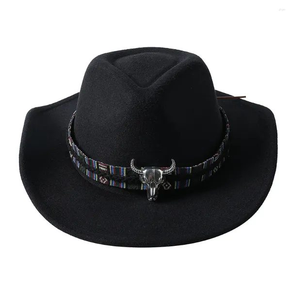 Berretti Donna Uomo Cappello da cowboy occidentale da cowgirl Fedora Feltro da esterno a tesa larga con fibbia per cintura