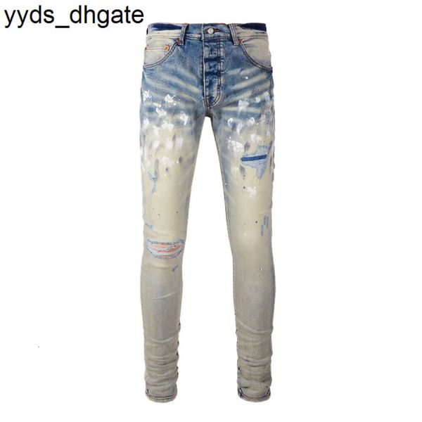 Jeans viola da uomo di marca High Street Paint Pants Fori usurati Hip Hop strappati V8KN