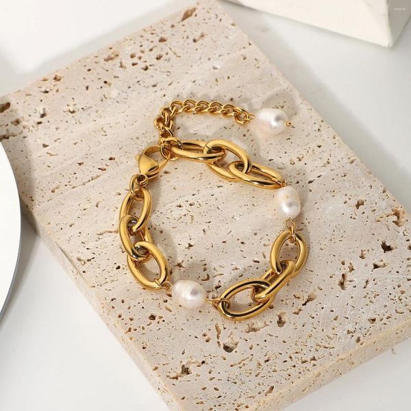 Charme pulseiras 18k banhado a ouro aço inoxidável barroco pulseira de água doce 12mm corrente oval curta gordura jóias para meninas