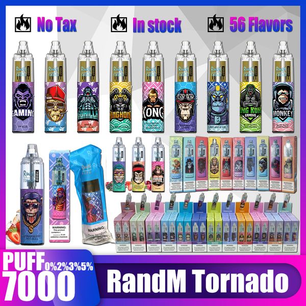 Оригинальный комплект сигарет RandM Tornado 7K Puffs 7000 E, одноразовый комплект ручек для электронных сигарет, 14 мл, сетчатая катушка для капсул, 6 светящихся цветов, регулировка с помощью воздуха 0% 2% 3%5%