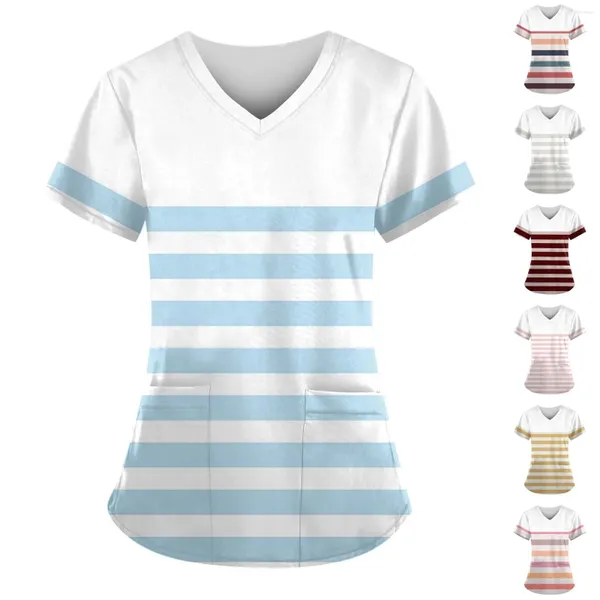 Mulheres Camisetas Mulheres Trabalhando Uniforme Stripe Imprimir Bolso Manga Curta V-Pescoço Tops Femme Blusa Trabalho Desgaste Uniformes