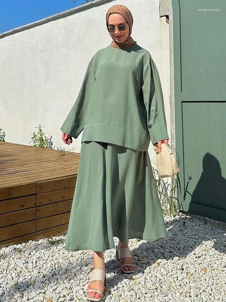 Ethnische Kleidung Muslim Ramadan Solide Modest Große Größe Lose Set Langarm Bluse und Rock Islamische Türkische Saudi Frauen Abayas