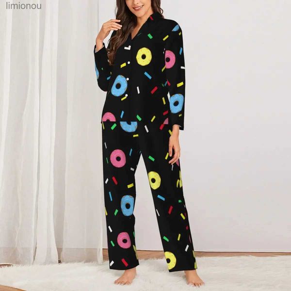 Kadın Uyku Salonu Donut Desen Skalay Sonbahar Tatlı Gıda Baskı Gündelik Büyük Boy Pijama Setleri Kadınlar Uzun Kollu Yumuşak Gece Özel Gece Özel Nightwearl240122