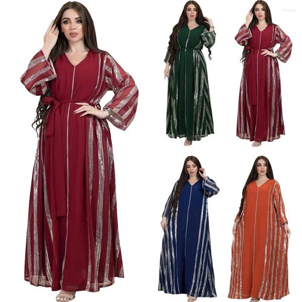 Roupas étnicas Marrocos Abaya Mulheres Vestido Listras Lantejoulas Chiffon Maxi Verão 2024 V-Pescoço Manga Longa Solta Omã Turquia Dubai Robe Muçulmano