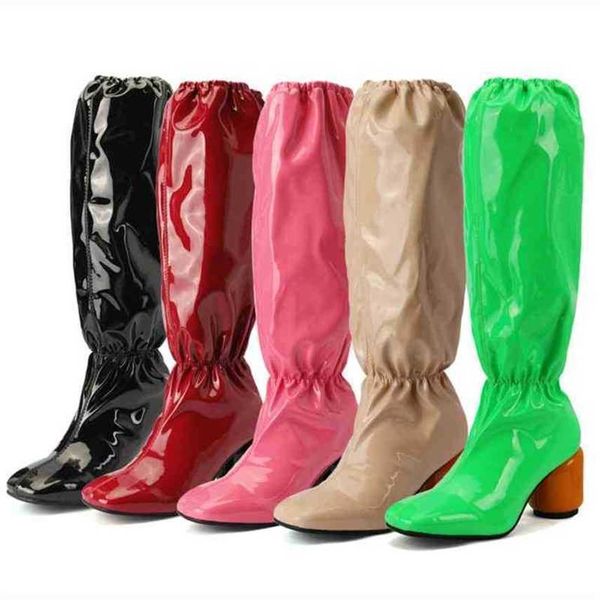 Botas populares novo outono inverno estiramento botas mulheres redondas salto alto quadrado dedo do pé preto vestido rosa sapatos mulher joelho botas altas 220913