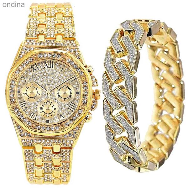 Altro 2 pezzi Bracciale in oro per uomo Catena cubana Maschile Bling Iced Out Lusso Top Brand Donna Ragazzi Orologio Set Groomsmen Regalo YQ240122