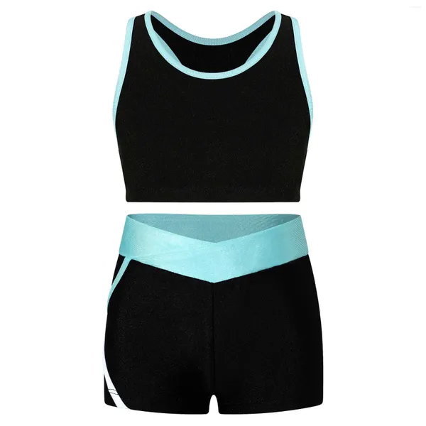 Costume da bagno da donna per bambina, costume da bagno in due pezzi, senza maniche, con finiture a contrasto, top corto con pantaloncini attillati, costume da fitness con retro a vogatore