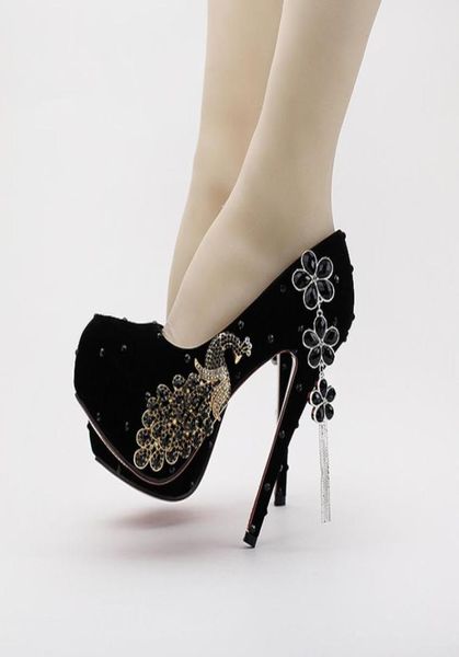 Черные свадебные туфли с кристаллами и бриллиантами, свадебные туфли на высоком каблуке, женские туфли-лодочки из микрозамши, туфли для выпускного вечера, туфли для выпускного вечера с кисточками, стразами5165041