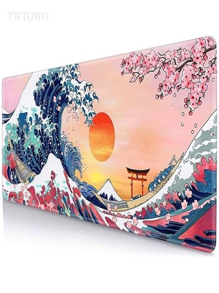 Mouse pads pulso repousa estilo japonês grande onda flor de cerejeira sakura mouse pad jogos xl casa computador personalizado mousepad xxl carpe5886932