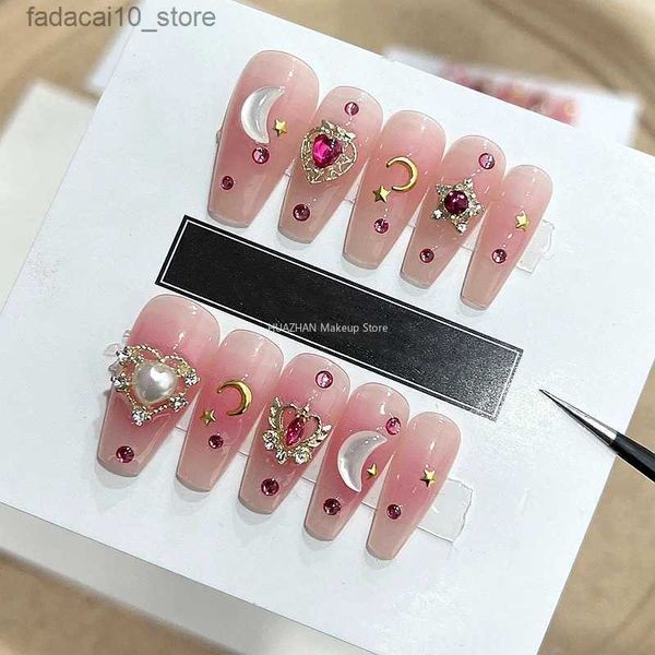 Unghie finte Glitter Strass Rosa Unghie finte Punte francesi Fatte a mano Lunga bara Unghie finte acriliche corte con colla Stampa sulle unghie Y2K Gel X Q240122