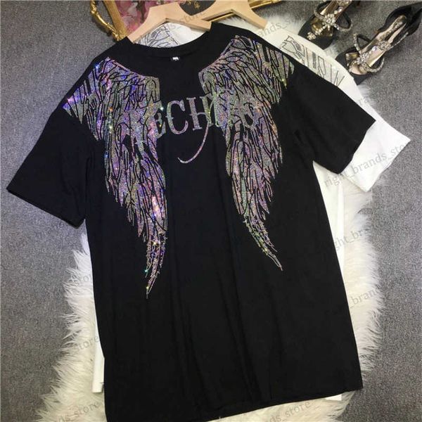 T-shirt das mulheres L-4XL Strass Asas Luxo Camiseta Plus Size Mulher Roupas 150 KG Cool Streetwear Y2K Preto Branco Marca T-shirt Top Verão T240122