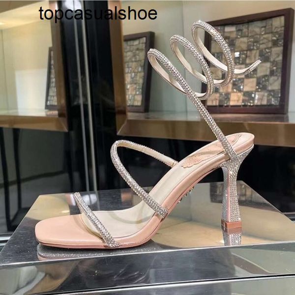 Rene Caovilla offene Cleo-Zehensandalen mit Kristallverzierung, Spiral-Wickelsandalen mit verschlungenen Strass-Sandalen für Damen, hochwertige Regenbogen-Stiletto-Absätze, Schuhkarton