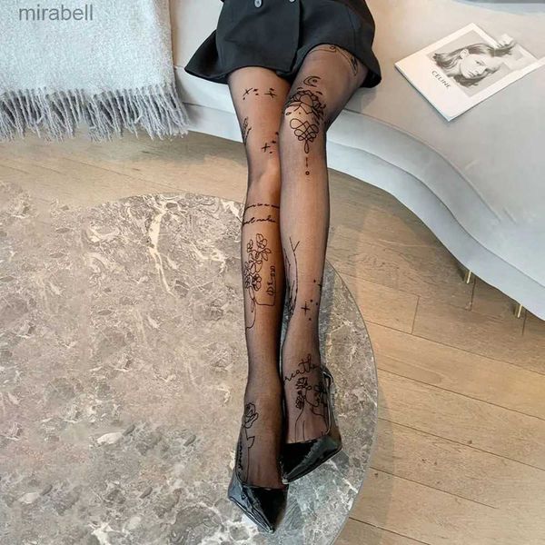 Meias meias mulheres sexy collants com tatuagens estampadas meia-calça inscrições flor carta senhoras finas longas meias pretas yq240122