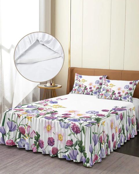 Saia de cama cor flor aquarela planta colcha elástica com fronhas capa de colchão conjunto de cama lençol