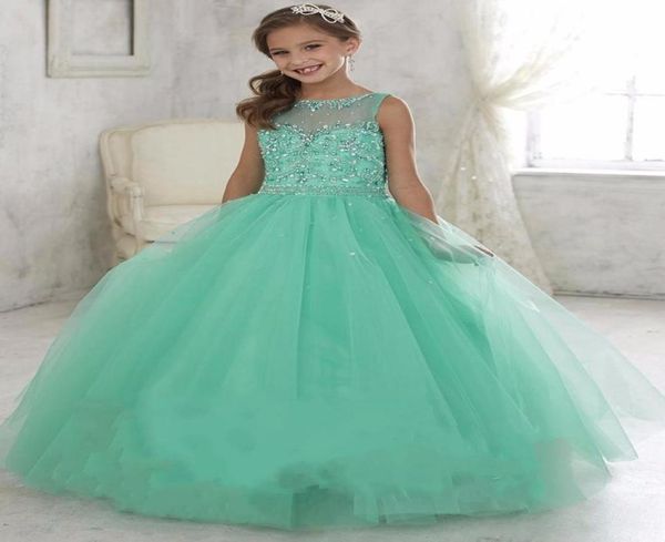 Lindo comunhão vestidos de concurso de natal para meninas tule frisado vestido de baile de cristal rendas até tule hortelã verde flor menina vestidos2526219