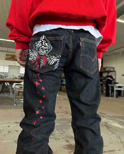 Calças de brim masculinas Rap Hip Hop Baggy Jeans Street Fashion Demon Print Preto Solto Board Calças Jeans Y2k Moda Gótica Ampla Calças de Perna RetaH24122