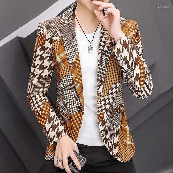 Männer Anzüge Herren Plaid Print Blazer Frühling Koreanische Mode Beiläufige Dünne Anzug Jacke Hochzeit Business Party Streetwear Männliche Kleidung