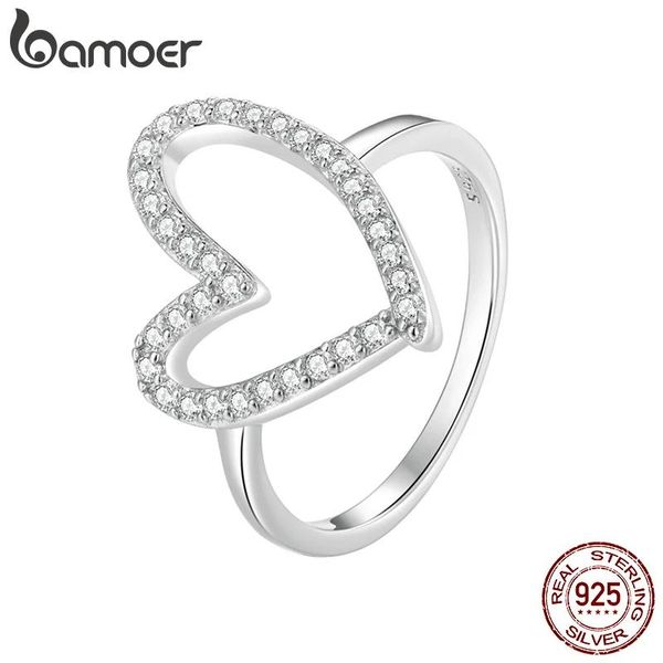 Ringe Bamoer 925 Sterling Silber Einfacher herzförmiger Fingerring für Frauen Jahrestag Valentinstag Geschenk Pave-Fassung CZ-Schmuck