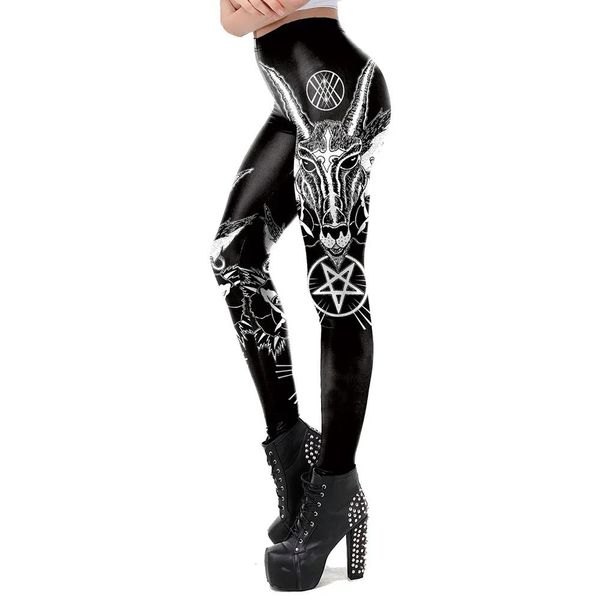 Capris Gothic Satan Print Sexy Skinny Leggings для женщин Girl Push Up Legins Fiess Pants Black Color Goth Одежда брюки.