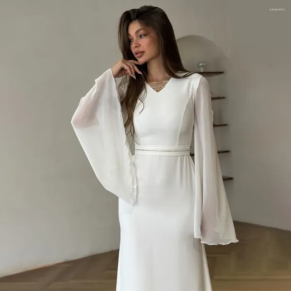 Abbigliamento etnico 2024 Abito musulmano Donna Abaya Chiffon Manica in corno Dubai Turchia Abiti da sera Ramadan Caftano bianco Islam Hijab Vestido