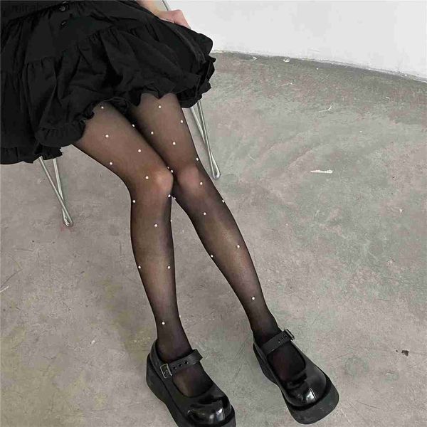 Meias meias sexy mulheres collants meia-calça jk doce meninas coxa alta meias meia-calça strass pérola lolita kawaii bonito preto branco collants yq240122