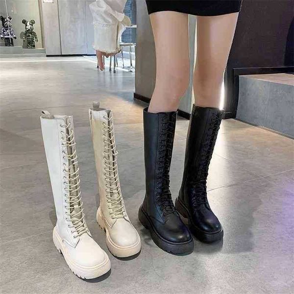 Botas vestido sapatos mulheres novo outono inverno dedo do pé redondo grosso sola longo cavaleiro joelho alto salto quadrado botines de mujer borracha