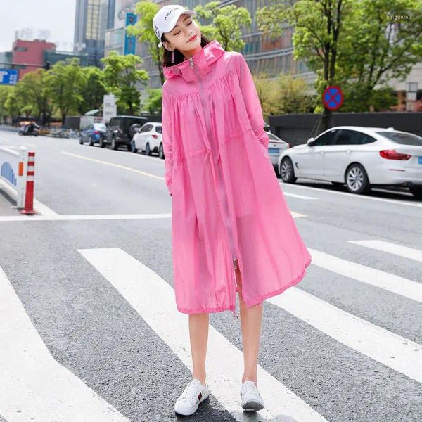 Casacos de trincheira femininos oversized verão com capuz casaco longo manga jaqueta proteção solar protetor solar rendas camisolas ao ar livre coreano