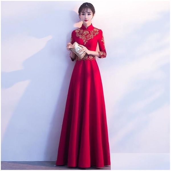 Abbigliamento etnico Ricamo rosso Abito da sera cinese Sposa lunga Qipao Abiti da festa in stile orientale Abito da damigella d'onore Cerimonia Fille Gow Dhzj4