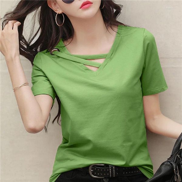 T-shirt da donna 2024 Estate Manica corta da donna T-shirt bianca con scollo a V Allentato coreano Nero Top Casual Compassionevole Tendenza Camicia