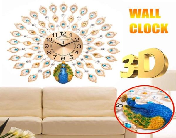 Grande 3d diamante cristal quartzo pavão relógios de parede relógio design moderno europeu para casa decoração da sala estar silencioso clock8011812