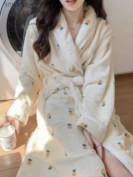 Kadın Uyku Salonu Cüppeleri Kadın Tatlı Tasarım Gevşek Moda Zarif Kore tarzı boş zaman Cepleri Kış Ev Retro Sıcak Bayanlar Lounge Wearl240122