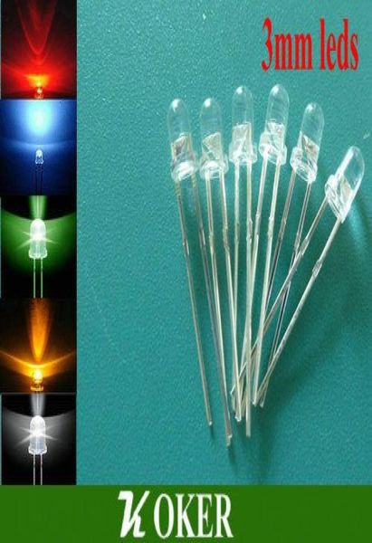 5 cores 1000 pçs / lote 3mm Rodada Água Clara LED Lâmpada de Luz Emissora de Diodo branco Vermelho Azul Verde amarelo Ultra Brilhante Bead Plugin DIY K5993804