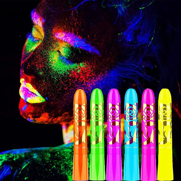 6 pezzi Glow in The Black Light Body Paint Pastelli UV Colori per il corpo fluorescenti per adulti Kit per pittura del viso di Halloween per feste 240118