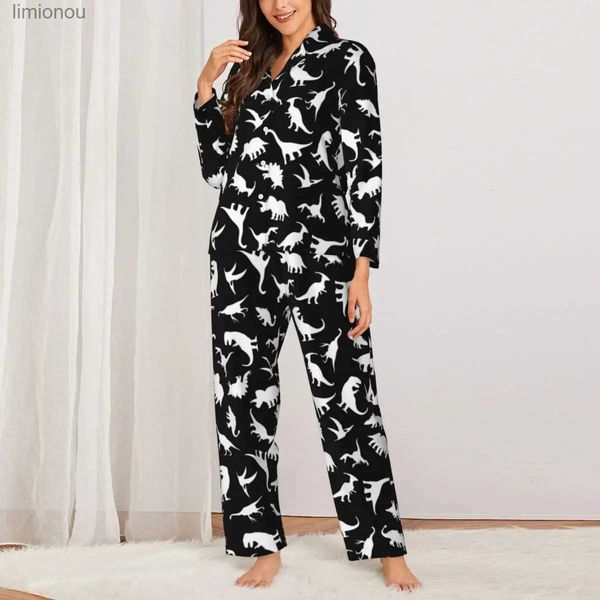 Женская пижама с динозаврами для сна, женская белая на черном с графикой, милая Дино, мягкая домашняя одежда для сна, осенние повседневные пижамные комплекты большого размера из 2 предметовL240122