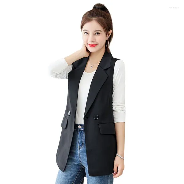 Damenwesten Frühling Herbst Frauen Weste Jacke 2024 Weiblicher Knopf Fester Anzug Weste Ärmelloser Blazer Mantel Mittellange Oberbekleidung Damen Tops