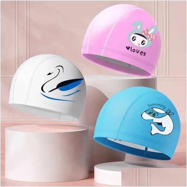 Toucas de natação Bonito Crianças Cap À Prova D 'Água Alta Elástica Chapéu de Proteção de Orelha para Meninos Meninas Acessórios de Desenhos Animados Drop Delivery Sports Ou Dh0Cu