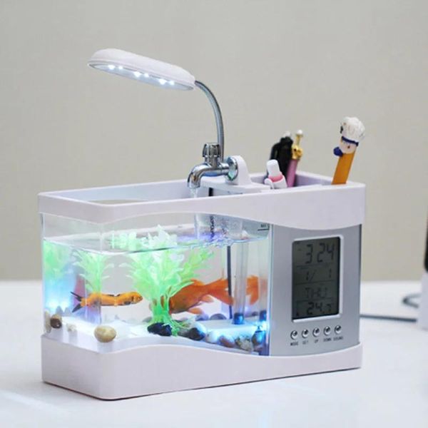 Tanklar Kaplumbağa Tankını Görüntüleme Aqua Ofis Kapalı Çok Fonksiyonlu Akrilik Akvaryum / Akvaryum USB Mini Akvaryum Ekolojik Küçük Japon Balığı