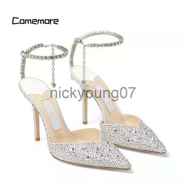 Сандалии Comemore, элегантные туфли на тонком высоком каблуке, весенне-летняя модная обувь для вечеринок, пикантная свадебная обувь, роскошные женские туфли-лодочки с кристаллами и блесткамиJ240122
