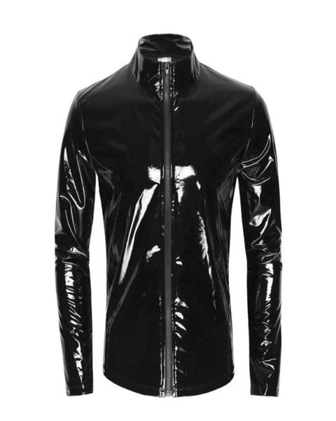 Camicia da uomo in pelle PVC lucida sexy Giacca da uomo in vernice metallizzata lucida Top Sexi Guaina modellante erotica Cappotto casual in lattice9483021