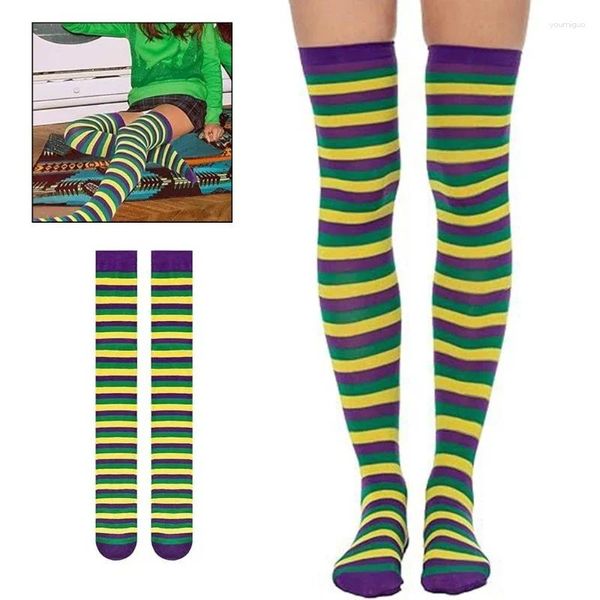 Damen-Socken, Karneval, Oberschenkelhoch, Karneval, bunt, gestreift, halbblickdicht, über dem Knie, lange Strümpfe, Cosplay-Kostüm-Zubehör