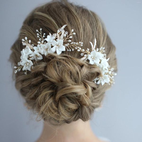 Saç klipleri zarif kil çiçek gelin başlık el yapımı tarak set düğün takı kadın saç modeli aksesuarları