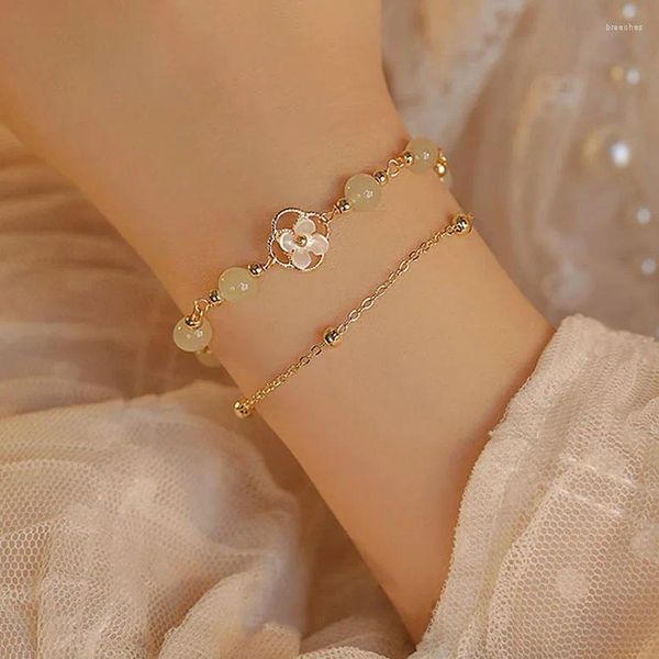 Charm-Armbänder, Blumen-Jade-Armband für Frauen, luxuriöser einzigartiger Schmuck, handgefertigte Perlenlinie, elegantes koreanisches Zubehör, wunderschön