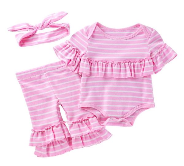 Cute Baby Girl Autunno Set di abbigliamento 024 Mese Neonato Designer Pink Stripe Ruffle Pagliaccetto Tute Pagliaccetti di cotone Pantaloni Headban4725629