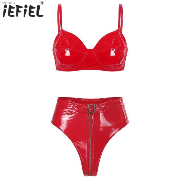 Sexy Set für Damen, Wet-Look, Lackleder, Clubwear, sexy Dessous, Unterwäsche-Set, kabelloses BH-Oberteil mit hoch geschnittenem Reißverschluss vorne, SlipsL240122