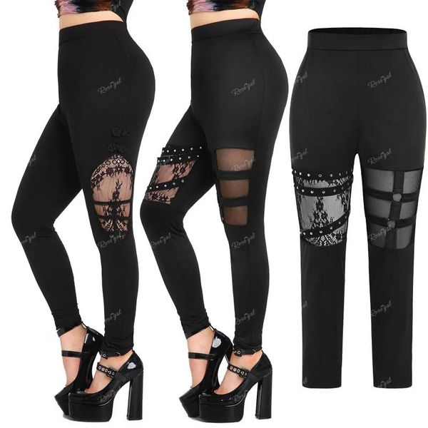 Capris rosegal plus size gótico painel de renda malha studs recortado calças pretas mulheres sexy puxar em leggings calças magras mujer 4xl