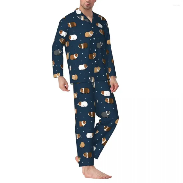 Herren-Nachtwäsche, Pyjama-Set mit kleinem Meerschweinchen, Herbst-Tierdruck, Zuhause, Unisex, 2-teilig, lässiger, übergroßer grafischer Anzug, Geburtstagsgeschenk