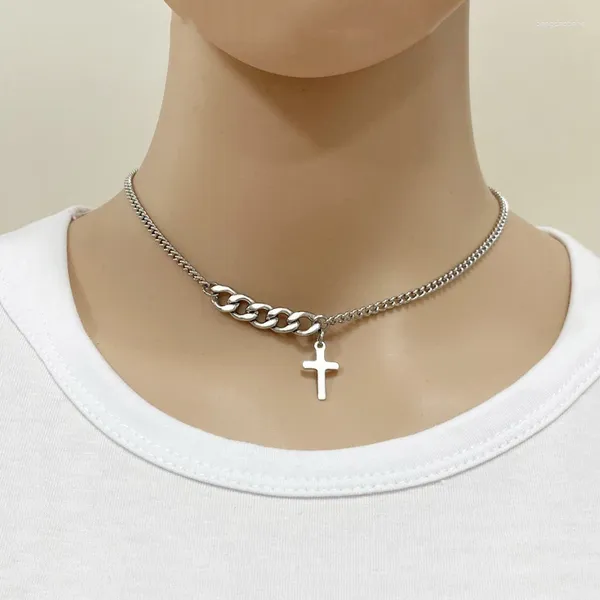 Gargantilha 316l colar de corrente colar punk cruz pingente para mulheres homens aço inoxidável prata cor correntes jóias presentes