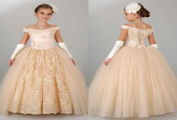 2020 Champagne Flower Girl Dress Applicazioni in pizzo LaceUp Ball Gown Bambini Abiti da spettacolo di bellezza Vestido Longo 6254338