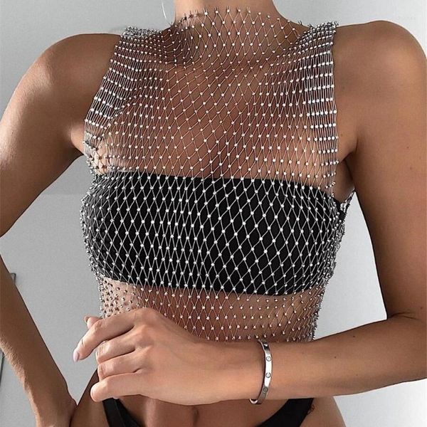 Tanques femininos y2k fishnet strass colheita top mulher 2024 verão sexy malha tanque net ver através rave colete diamante moda nightclub roupas