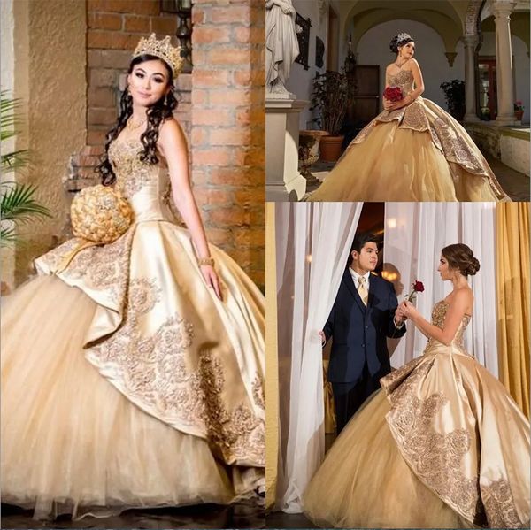 2024 Sexy Bling Oro Puffy Abiti Quinceanera Sweetheart Applicazioni di pizzo Perline di cristallo Abito da ballo Vestidos De Dress Guest Corsetto Indietro Tulle